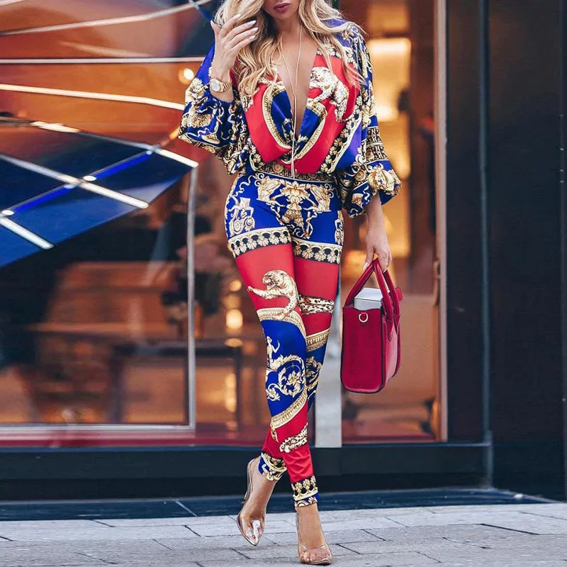 

DEAT 2019 Autumn Colorblock Exotic Print Lantern Sleeve Jumpsuit Retro Print V Neck Rompers Jumpsuit Casual Women MG871