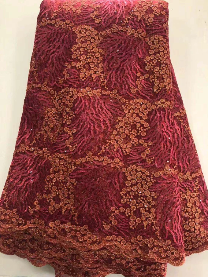 Nigerian Tulle Lace Fabric With Sequins Embroidered Design African French Net For Wedding Dress 5 Yards FLL4573 WINE | Дом и сад