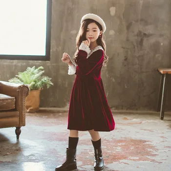

New 2019 Autumn Children Retro Dresses baby Princess Dress Girls dresses Golden Velvet Kids Party Dress Lace Long Sleeve,#5349