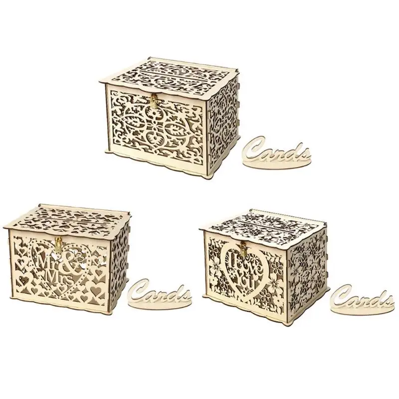 

DIY Wedding Gift Card Box Wooden Money Box with Lock Beautiful Wedding Decoration Birthday Party Supplies