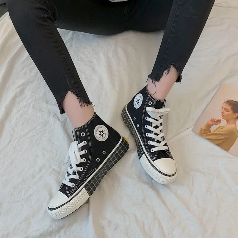

2020 Spring New Embroidery Weather Pattern Korean Fashion Casual High Help Flat Black Soft Canvas Shoes Womens Non-slip Soles