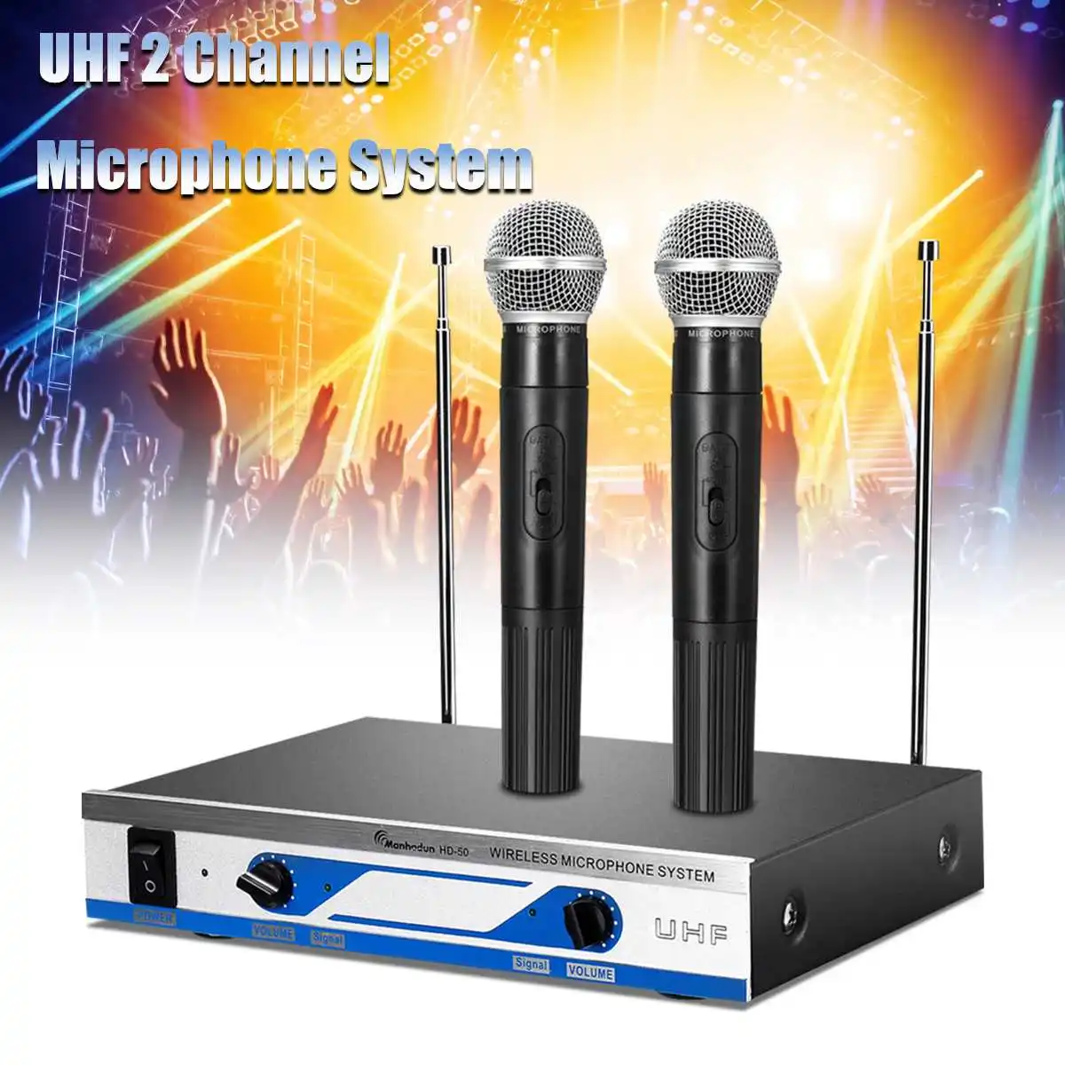 

Metal Shell UHF Wireless 2 Channel Dual Wireless Handheld Microphone Mic System Receiver Party KTV Karaoke Machines