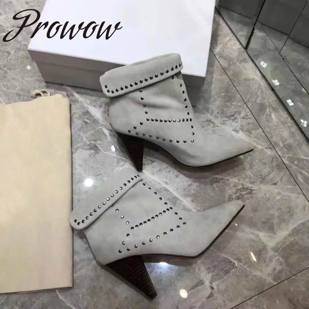 Prowow/Новинка; пикантные роскошные женские ботинки из натуральной кожи с острым носком; ботильоны на высоком каблуке с металлическими шипами; женская обувь - Цвет: AS PIC