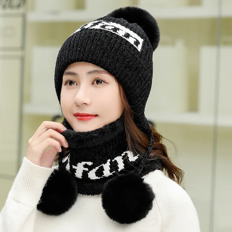 Осень зима искусственный мех кролика шапка набор Толстая теплая женская шапка шарф 2 шт наборы - Цвет: 24