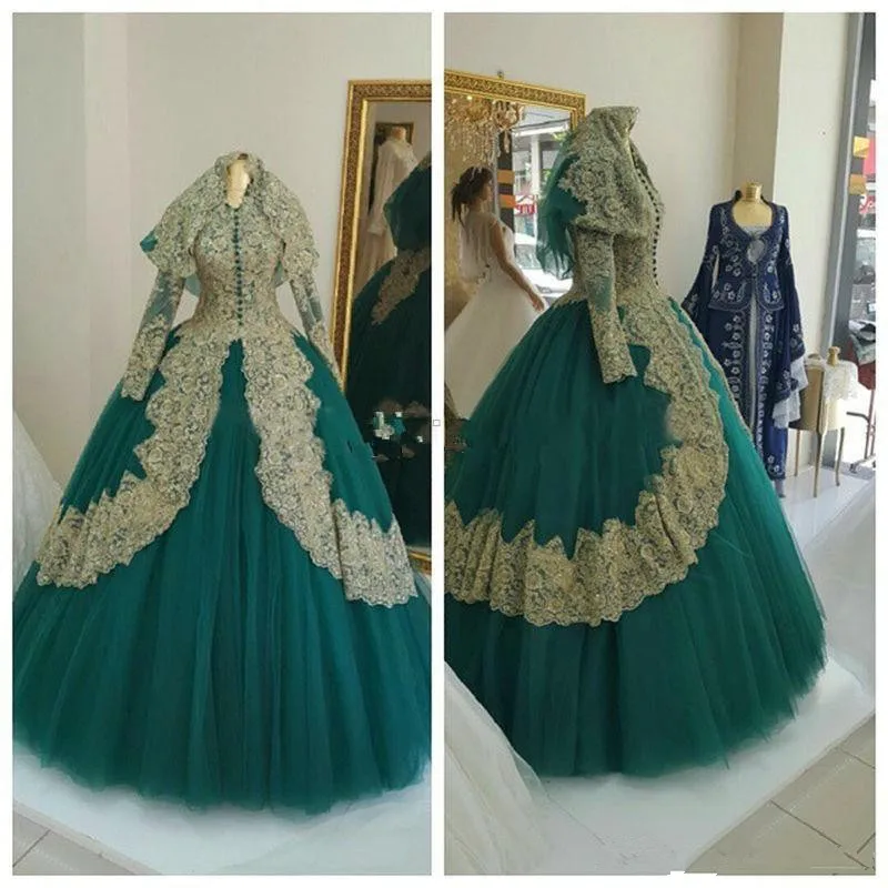 arabic-hunter-green-and-gold-lace-muslim-ball-gown-wedding-dresses-high-collar-long-sleeves-floor-length-hijab-plus-size-bridal-gown (3)_副本