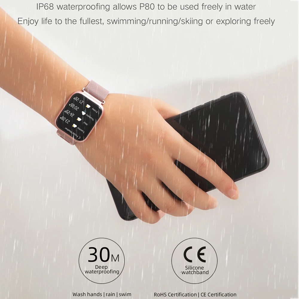 P80 смарт-браслет Смарт-часы Модные женские спортивные IP68 Водонепроницаемый Полный сенсорный пульсометр фитнес-трекер Smartwatch
