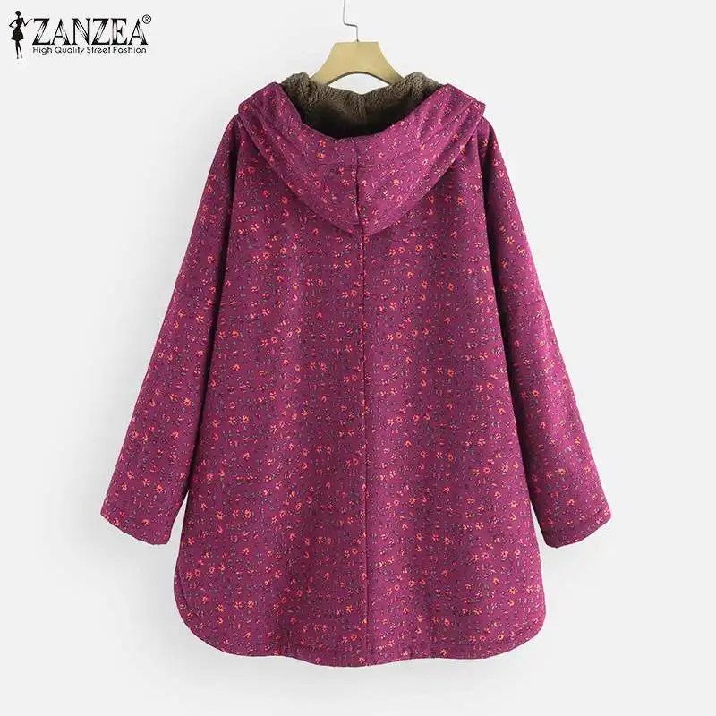 Женские флисовые куртки с принтом ZANZEA Kaftan пальто с капюшоном Повседневная Верхняя одежда на пуговицах женские асимметричные топы Туника большого размера