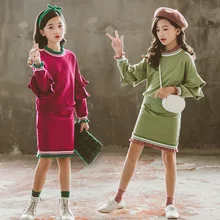 New Spring Children Girls Fall Outfits Solid Color Two Piece Clotheing Set Ruffle Sleeve Sweatshirt + Lacework Skirt Kid Clothes