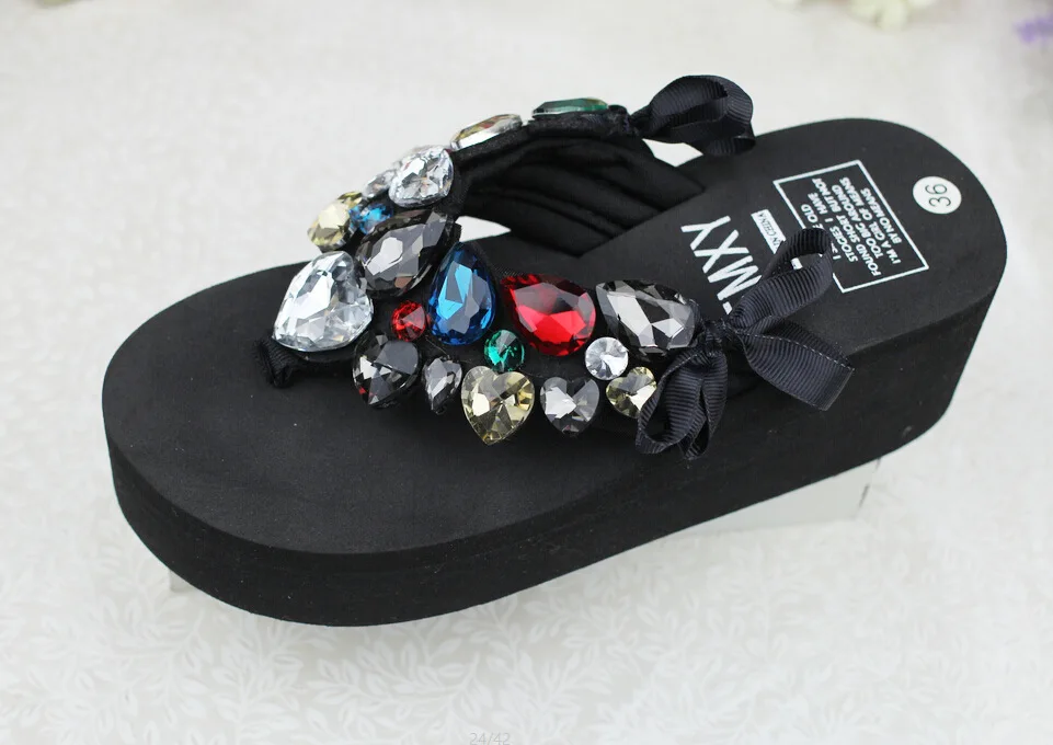 2019 Summer New Luxury Crystal Slippers Bow Womens Cheap Black Platform High Heels Comfortable Flip Flops Shoes Discount59