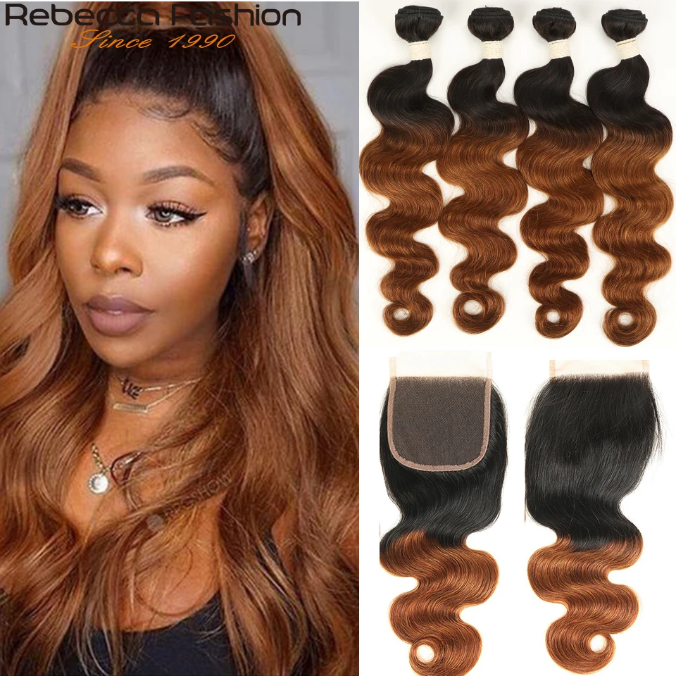 Rebecca Ombre Bundles With Frontal Two Tone 1B/99J 1B/27 1B/30 Colors Brazilian Body Wave 3 4  Bundles With Lace Frontal Closure
