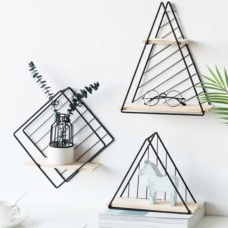 Настенные стеллажи для хранения, Современные Простые геометрические деревянные полки из металлической проволоки, украшения для спальни, гостиной, офиса