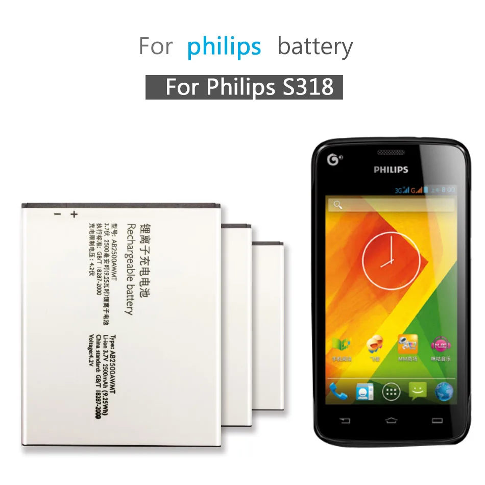 Оригинальный аккумулятор AB2500AWMT для телефонов Philips S318 CTS318 XENIUM Smart Mobile 2500