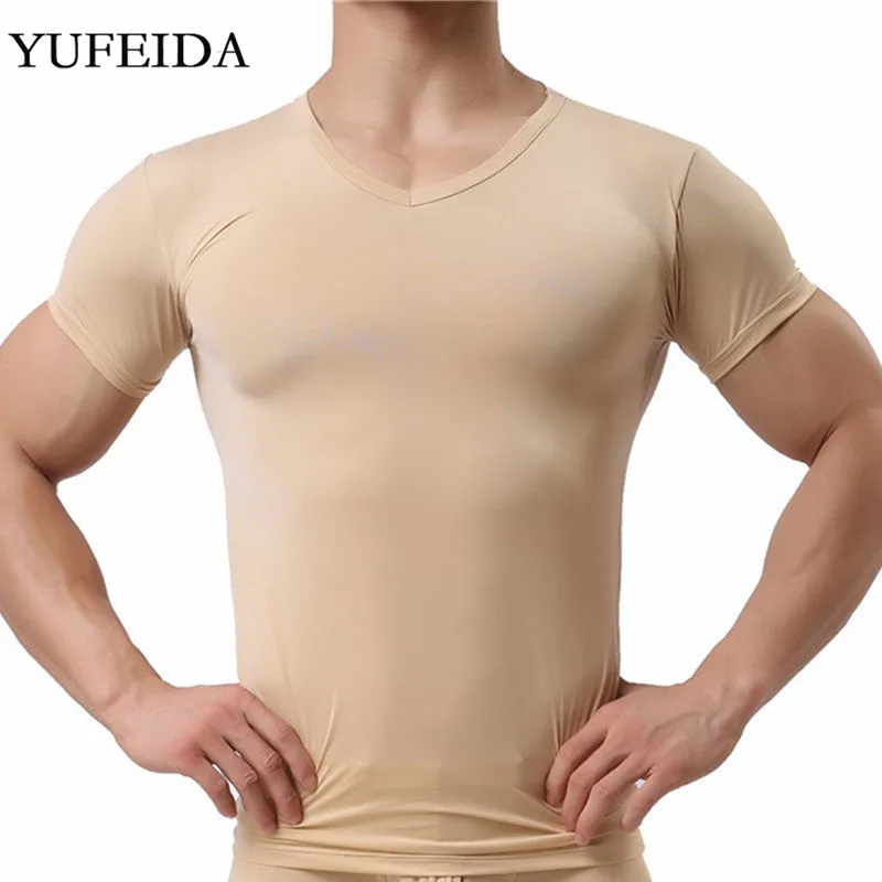 YUFEIDA, мужские сексуальные майки, ледяной шелк, Мужская одежда, o-образный вырез, тонкие футболки, прозрачные, дышащие, прозрачные, Базовые Рубашки, Топы