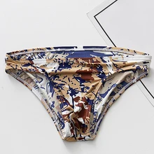 

1pc Men's Sexy Panties Low Waist Print Briefs Breathable Smooth Elastic Ice Silk Y-Front Underwear Comfortable Underpants