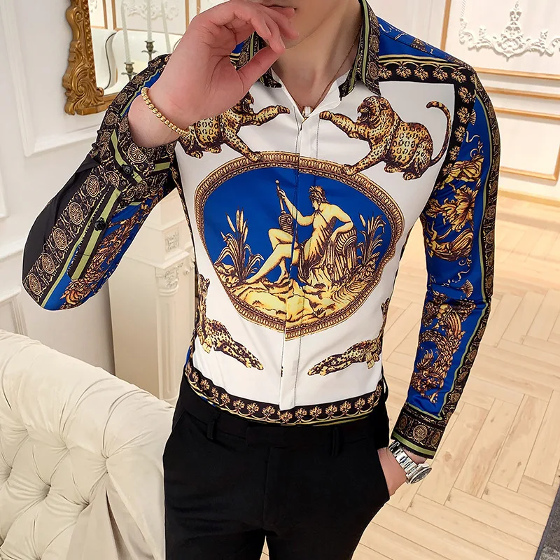 Мужская рубашка золотого цвета с леопардовым принтом Camisa Masculina повседневная
