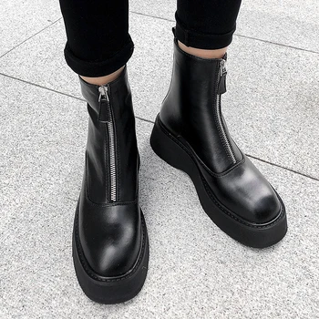 

Luxury brand Motorcycle boots women's ankle boots cow leather thick bottom rock Zipper boots round toe high heels ankle boots