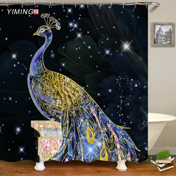 

Bathroom waterproof shower curtain beautiful blue peacock pattern bathroom decoration polyester curtain with hook 200x180cm