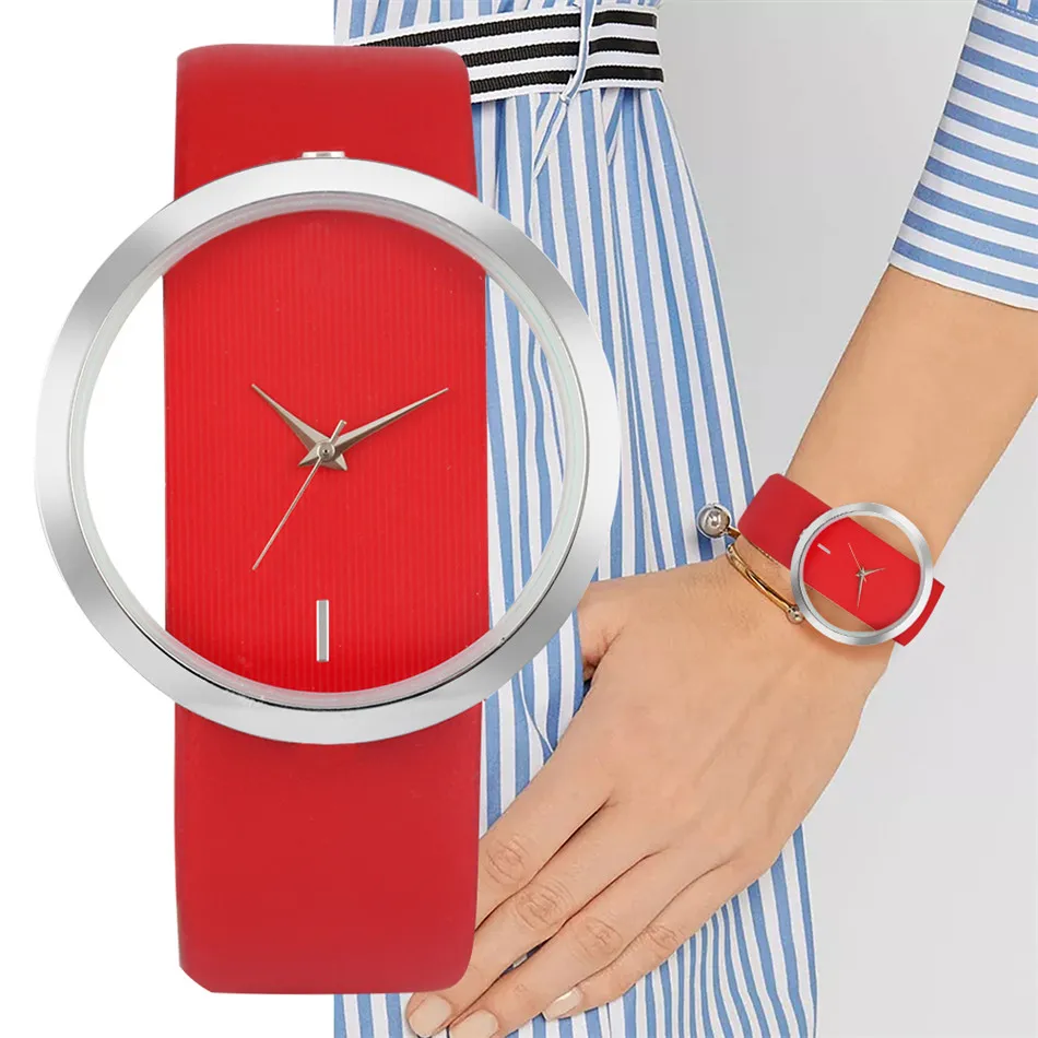 

relojes femeninos Lady Watches Fashion Red/White/Black Quartz Leather Women's Wristwatch Simple Hollow Display Women's Watches