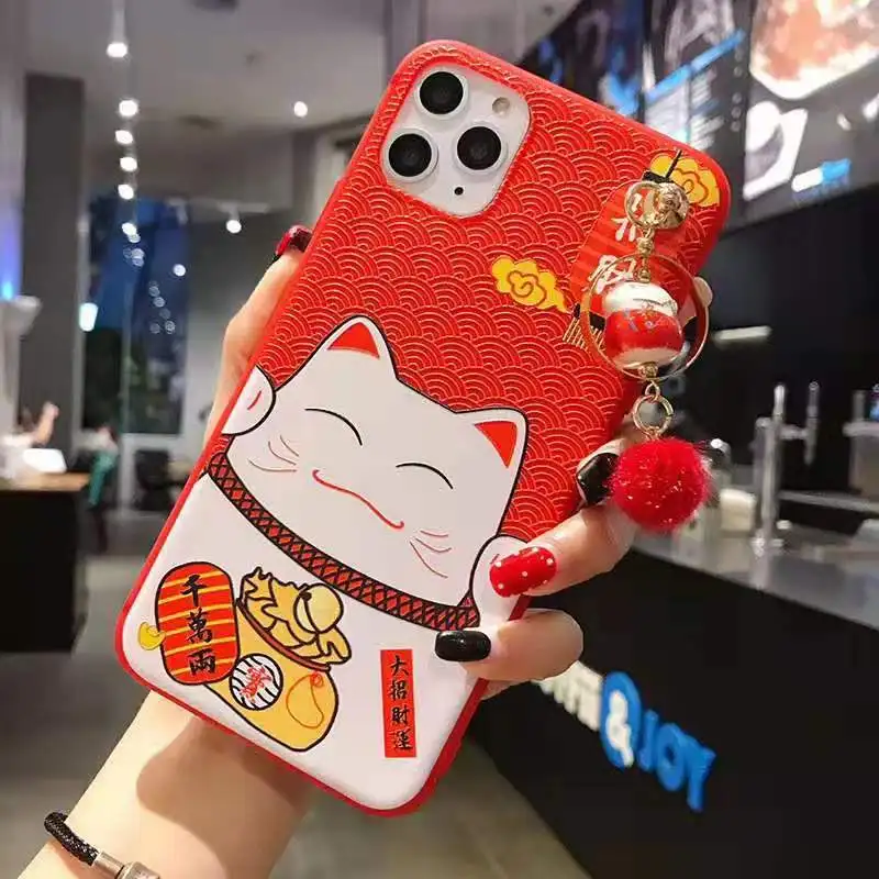 Чехол для iPhone 11 pro Max Lucky Cat, милая задняя крышка для iPhone 11 X XS Max XR 6 7 8plus Maneki Neko Shell+ подвеска