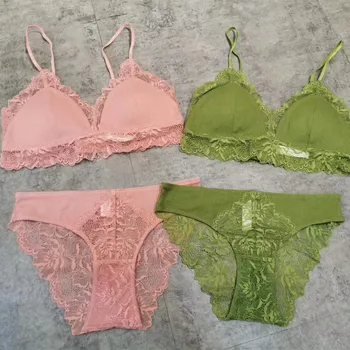 

Wriufred Underwear thin cotton breathable insert no steel ring triangle cup bra set big plus size girl lingerie with panties set