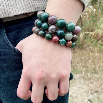 

Men Bracelets Natural Indian Agat Bracelets 10 mm 12 mm 14 mm Polished Multi Color Stone Beads Bangle For Women Fashion Jewelry
