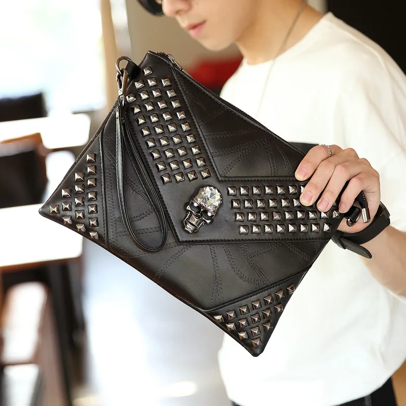 

NEW Vintage Style Men's Clutch Handbag Rivets & Skull Decoration Envelope Bag Male Shoulder Messenger Bag