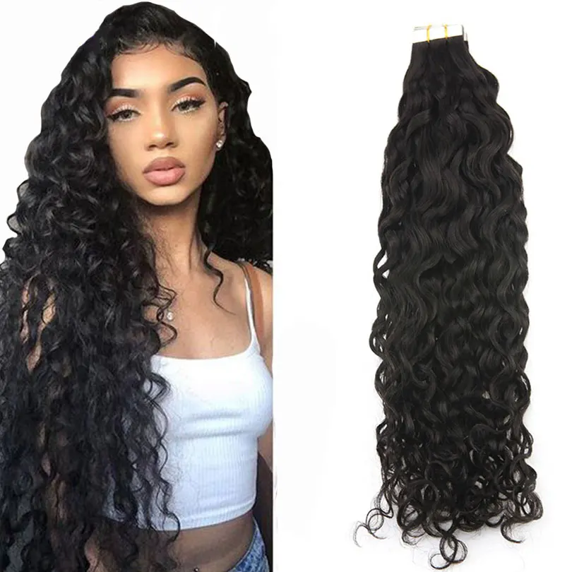 40 Pcs/set Curly Tape in Hair Extensions Injected Real Human Hair Skin Weft Double Sided Adhesive Tape