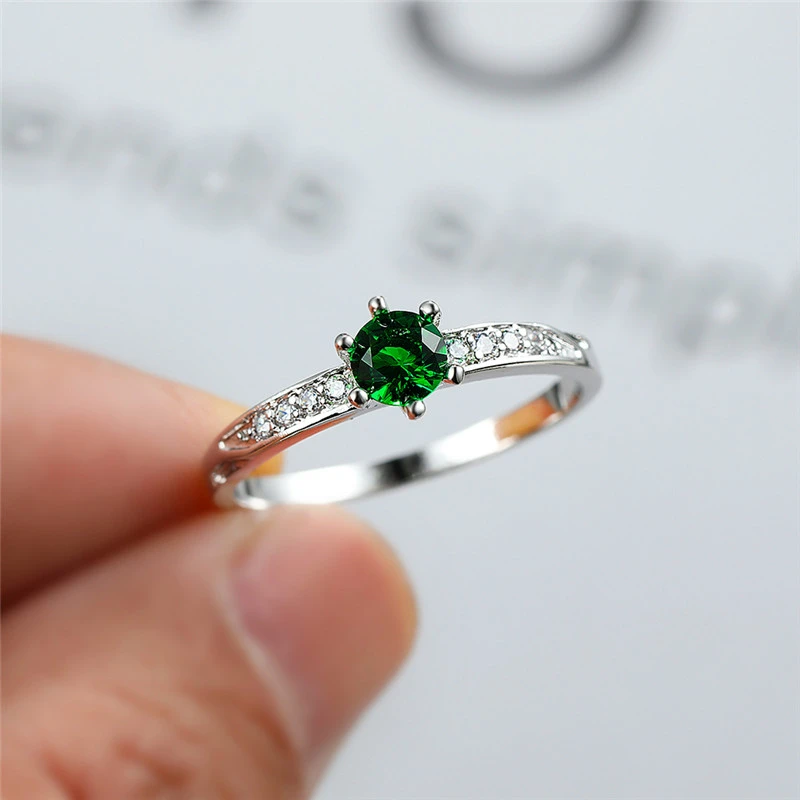 Anillo compromiso fino con piedra de circonita verde para mujer, sortija de compromiso fina de Color plateado, joya de boda redonda de cristal a la moda|Anillos| - AliExpress