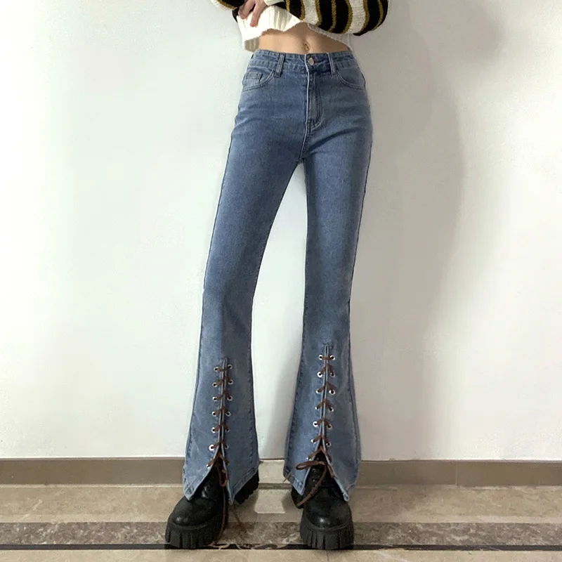 

Женские расклешенные брюки, обтягивающие брюки из денима с разрезом и вставками, модные женские узкие брюки с подтягивающим поясом на весну и осень