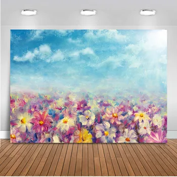 

Neoback Oil Painting Flower Sea Background for Photo Studio Blue Sky Backdrop for Photographic Video Party Decoration Supplies