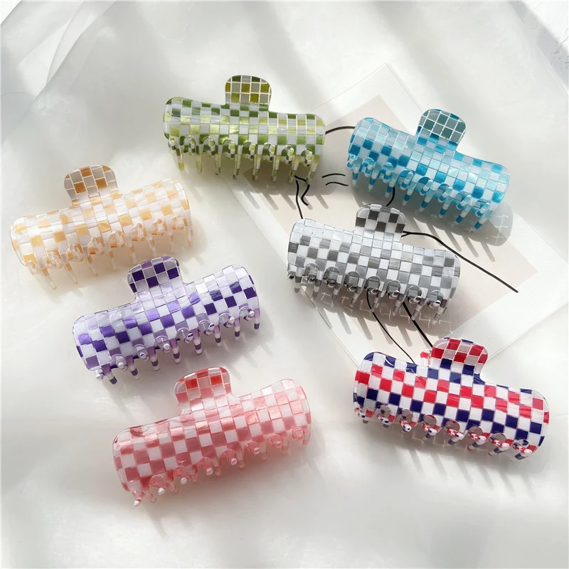 New Acetate Checkered Hair Claw Shark Clip Ins Large Size Big Clamps Mosaic Plaid Grid Geometric Grab Women Hair Accessories new acetate hair clips set barrettes colorful checkered mosaic plaid grid geometric korean side pins ins girls women accessories