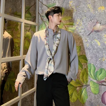 

Men Autumn Long Sleeve Tie Bow Collar Loose Casual Shirts Male Women Streetwear Party Dress Shirt Stage Show Lovers Clothing