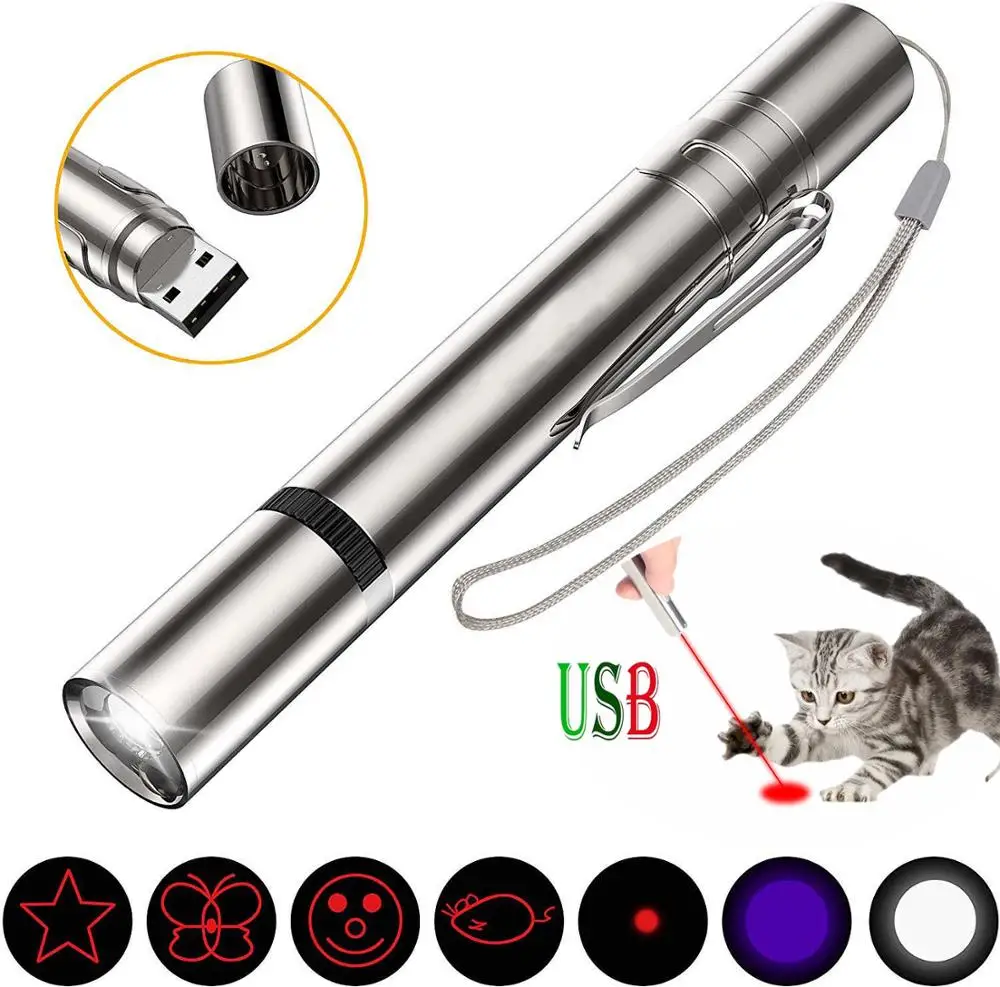 

7 in1 USB Charging LED Laser Pointer Red UV Torch Flashlight Pen Cat Laser Pointer Training Tool for Cat Dog Chase Toys Laser