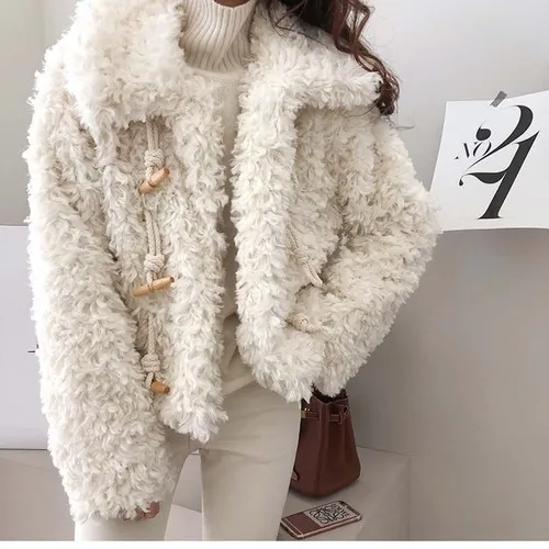 Зимние женские модные короткие пальто из искусственной овечьей шерсти с отложным воротником и роговыми пуговицами, женские белые куртки из искусственного меха w2047 - Цвет: Белый