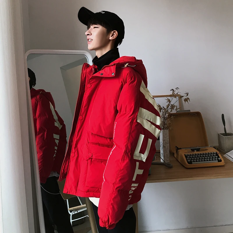Толстая Теплая мужская зимняя куртка, повседневная свободная Мужская Куртка Harajuku s, пальто с капюшоном и принтом, красная Мужская ветровка