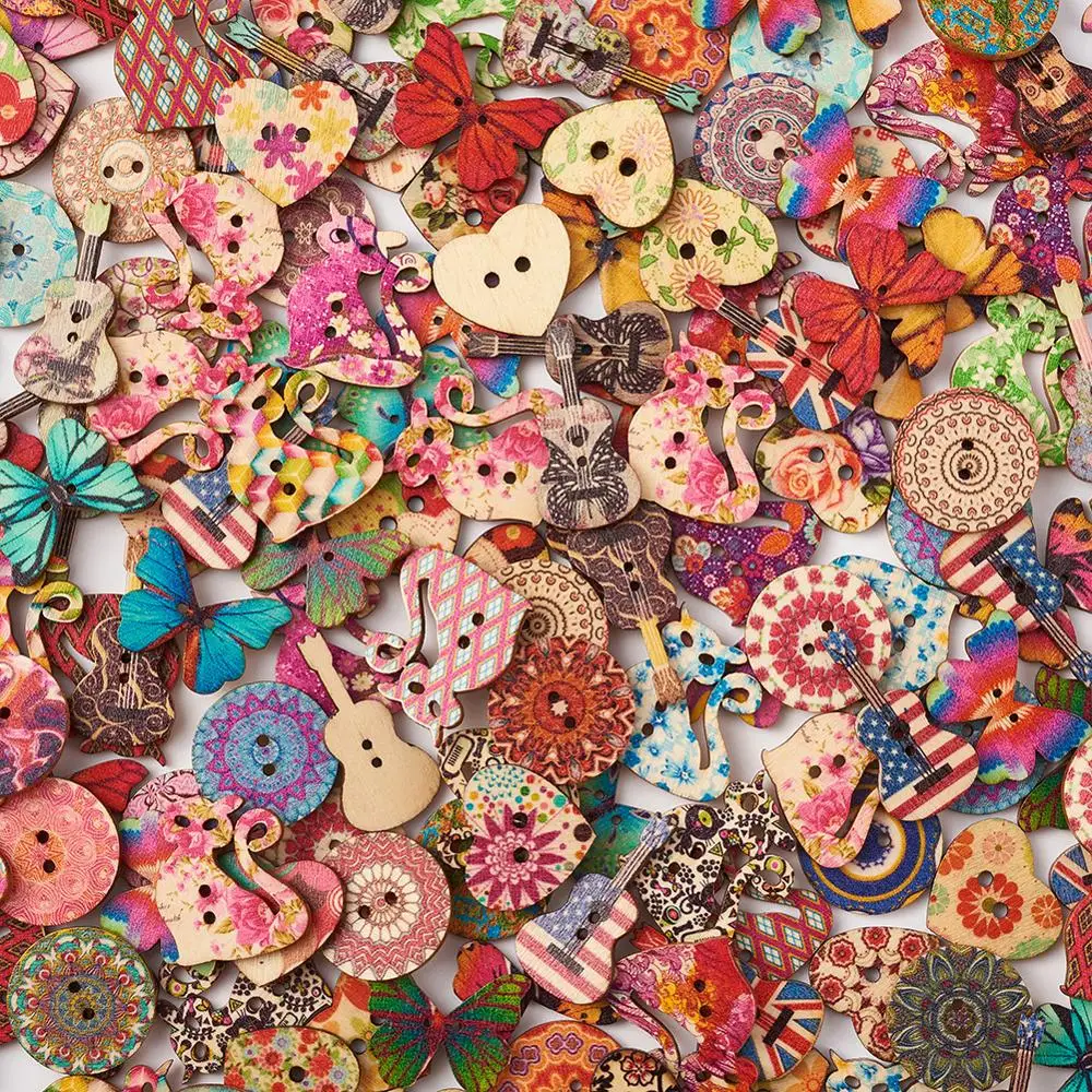 300 шт./компл. 2 отверстия Печатных Деревянные Пуговицы DIY декоративные пуговицы для шитья разнообразные, смешанные Цвет, 20,5x28x3 мм, отверстие: 2 мм