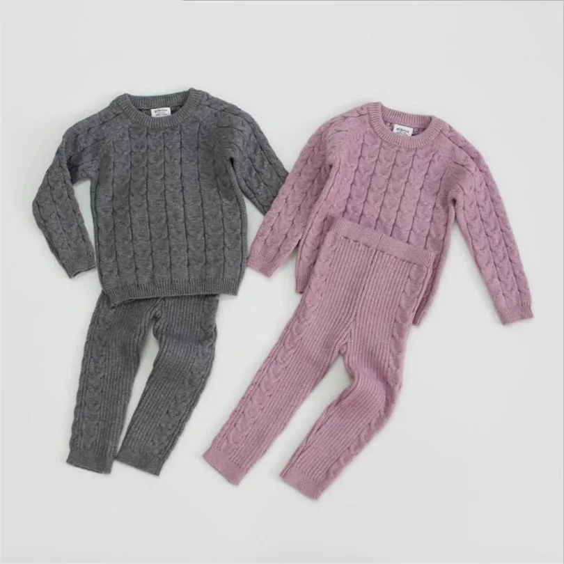 Комплект одежды для малышей, шерстяная вязаная одежда для малышей, осенне-зимняя детская одежда для мальчиков и девочек, свитер+ штаны, одежда для маленьких девочек