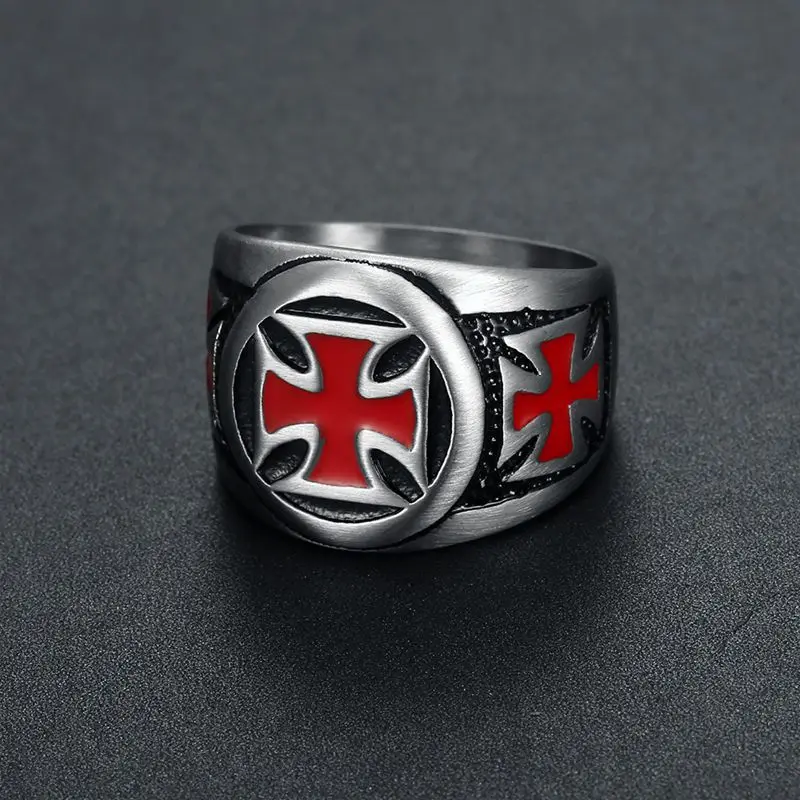 Knights Templar Shield Cross Rings Men's Black Red Cross Ring Punk Biker #7-15 