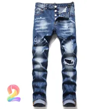 Pantalones vaqueros DSQ de alta calidad, Jeans elásticos rasgados con agujeros lavados, informales, de gama alta