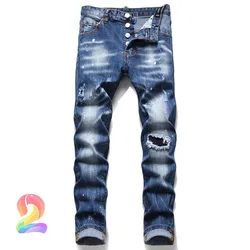 Pantalones vaqueros DSQ de alta calidad, Jeans elásticos rasgados con agujeros lavados, informales, de gama alta
