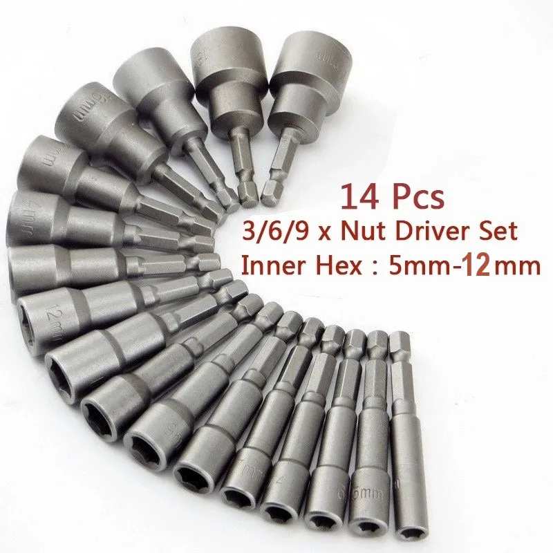 

14pcs 5mm-12mm Hex Socket Sleeve Nozzles Nut Driver Set Drill Bit Adapter Adaptador