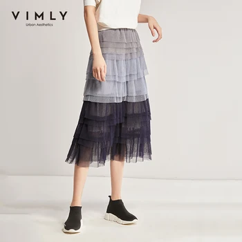 

Vimly 2020 Spring Autumn Women Mesh Skirt Office Lady Elegant Gradient Color Multilevel High Waist Female Pleated Skirt 98162