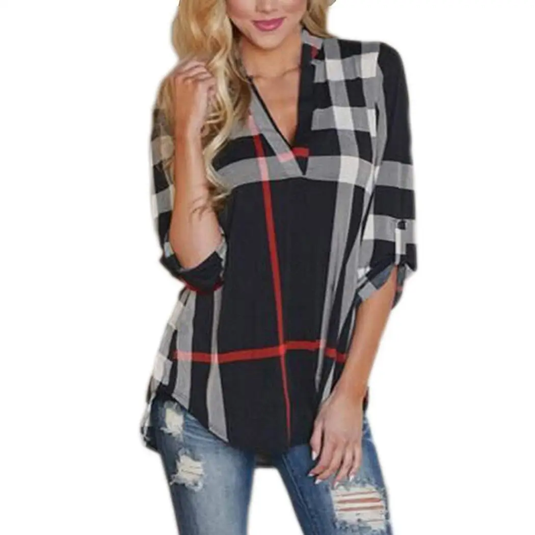 

Women Casual 2/3 Sleeve Plaid Shirt V-Neck Loose Autumn Blue, Pink, White, Black Tunic Pullover None Tops