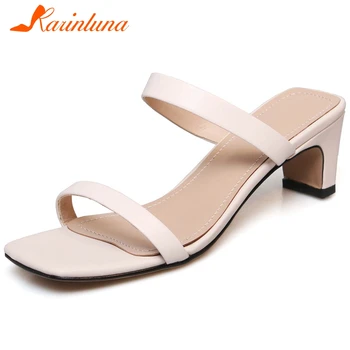 

Karinluna New Arrivals 2020 Genuine Cow Leather Open Toe Summer Shoes Woman Pumps Mules Slip On Strange Style Black Pumps Women