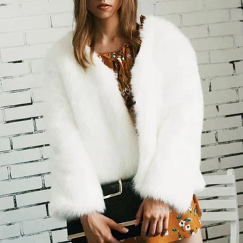 

Casual Long Sleeve Short Coat Women Fashion Faux Fur Coat Autumn Winter V Collar Loose Jackets