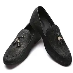 Черные мужские мокасины с бахромой, без шнуровки, итальянские классические туфли, мужские лоферы с острым носком и кисточками, свадебная