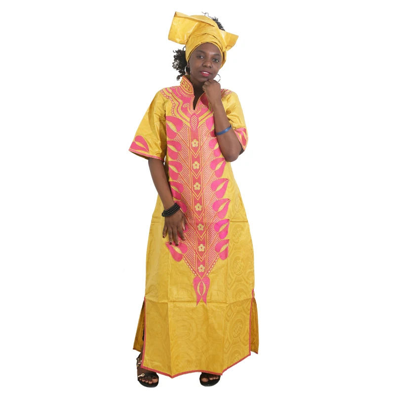 MD 2020 African Bazin Dresses Women Ankara Embroidered Dress With Head Wraps Dashiki Print Suit South Africa Ladies Clothes