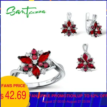 

SANTUZZA Silver Jewelry Set For Woman Red Cubic Zirconia Ring Earrings Pendant Set 925 Sterling Silver Fashion Jewelry