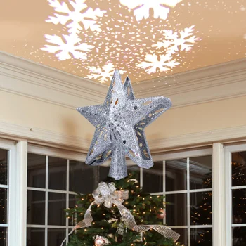 

3D Glitter Christmas Stars Tree Topper with White Snowflake Projector LED Star Top Lighted Lamp Christmas Tree Decorations