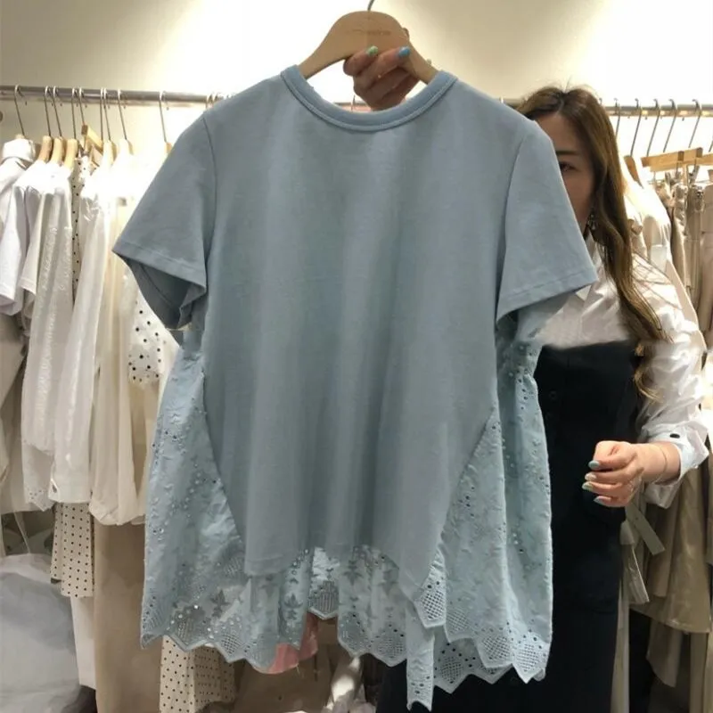 

Lace Back Hollow T-shirt Female 2020 Summer New Fashion Stitching Short Sleeve Tops T Shirts Girls Students Loose T Shirt